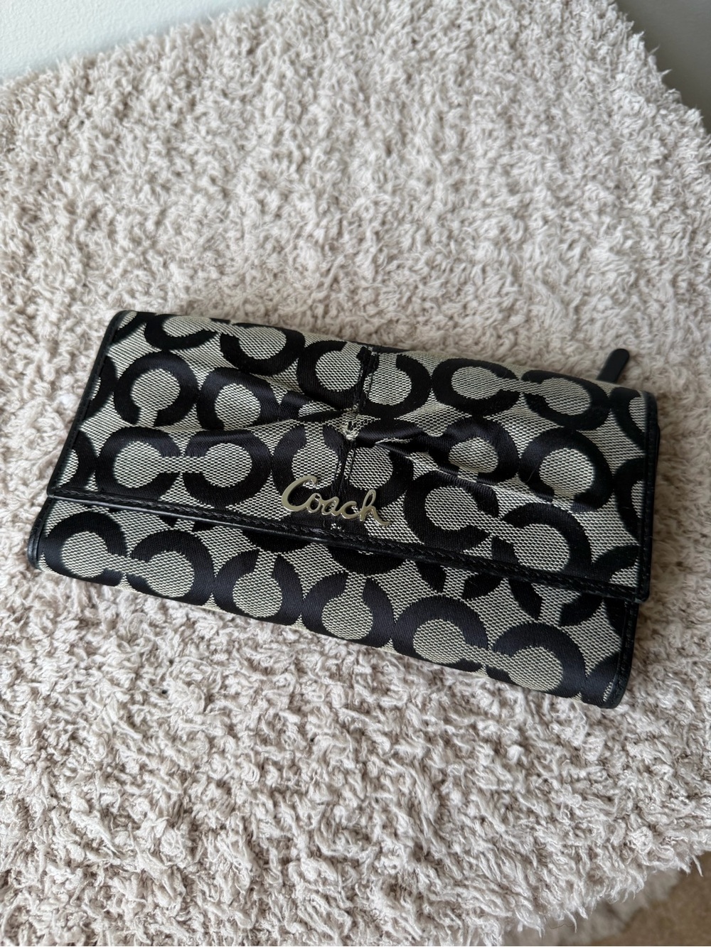 Coach Black and Silver Signature Fold-Over Wallet with Checkbook Cover